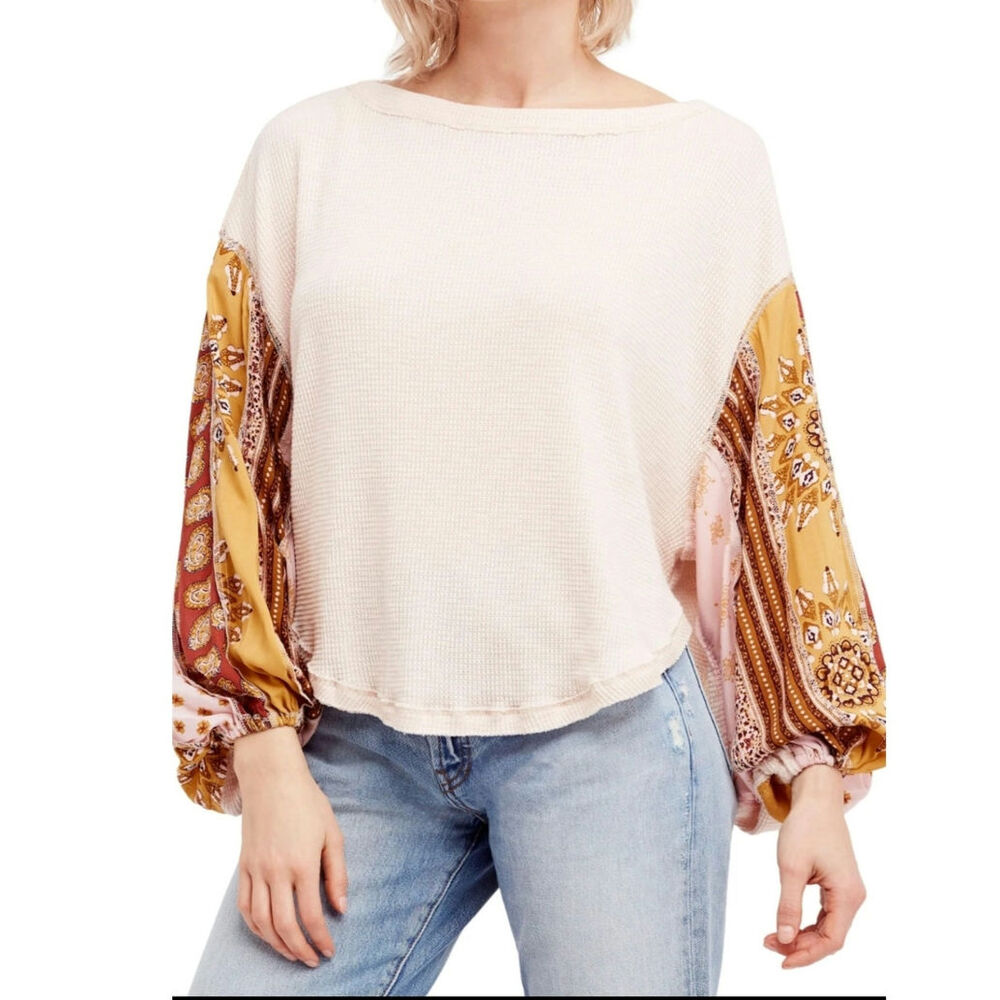 Free People We The Free Boho Thermal Top Pink Paisley Mixed Print  S